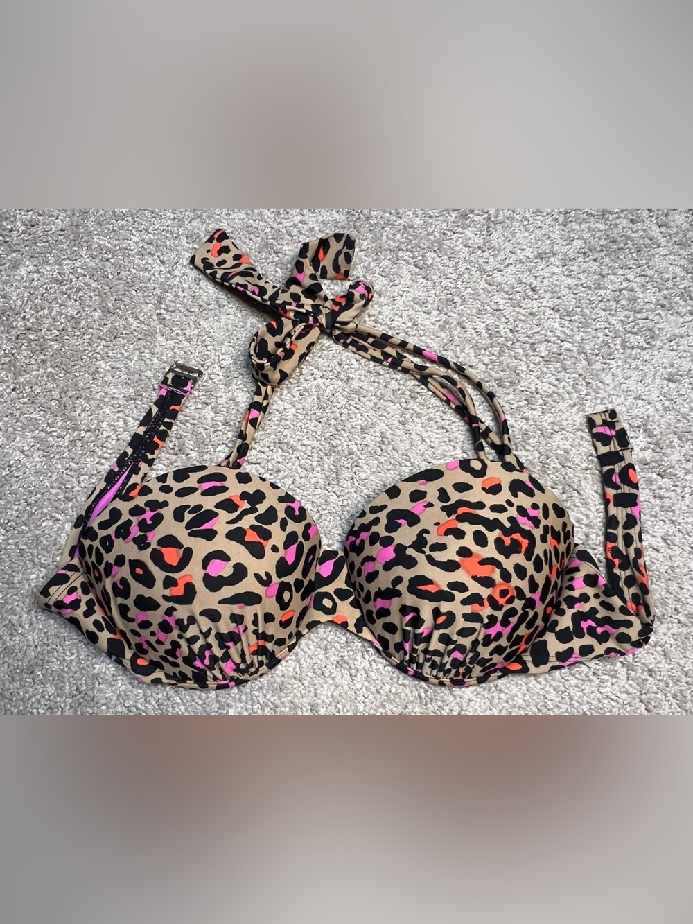 Xhilaration Tan Leopard Print Bikini Top with Pink and Orange Spots
